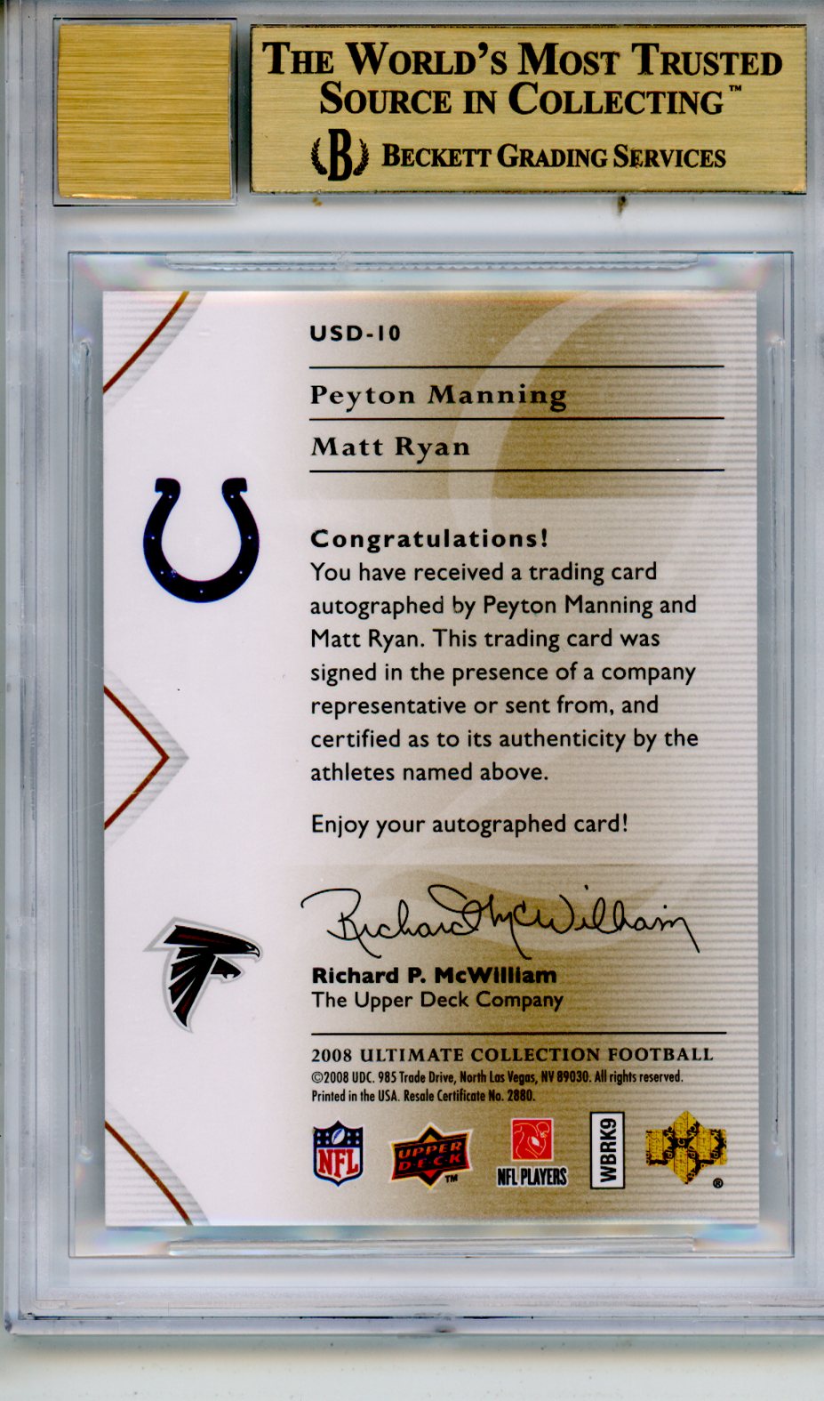 2008 Ultimate Collection Ultimate Signs Duals Matt Ryan Peyton Manning BGS 9.5