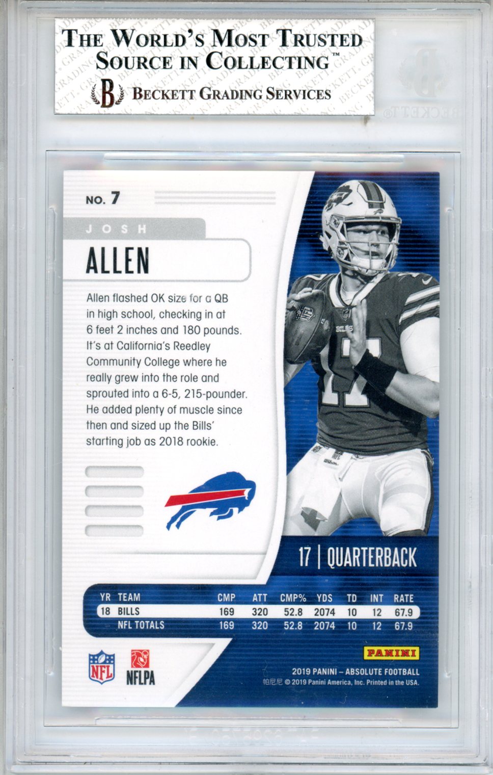 2019 Absolute Spectrum Black Josh Allen #7 BGS 8 1/1 2nd Year