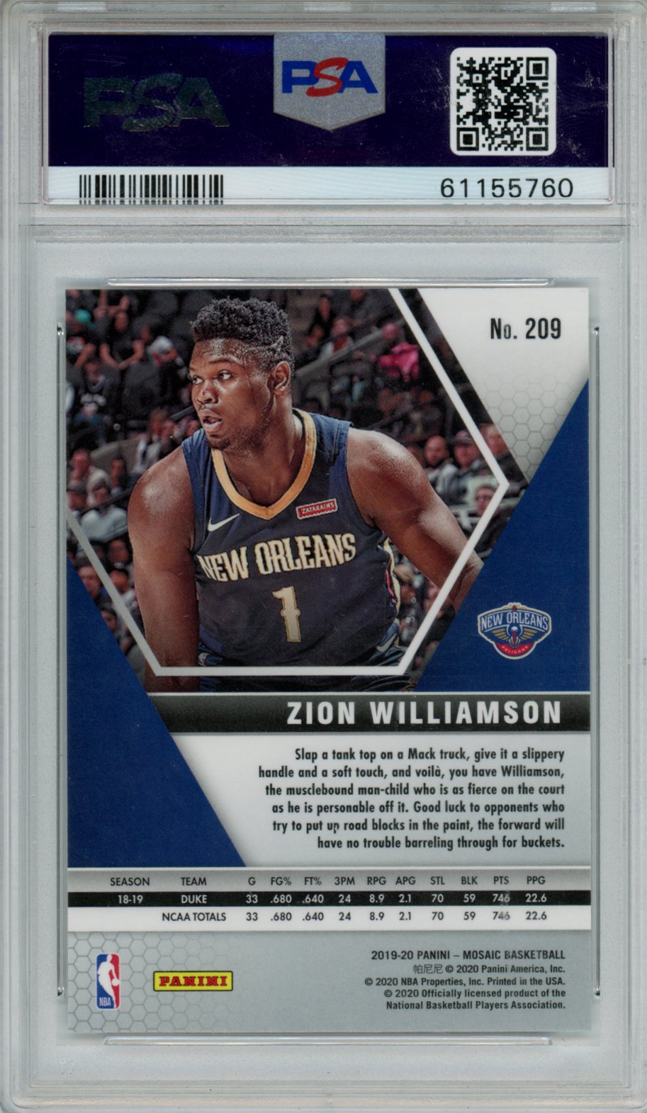 2019 Panini Mosaic Zion Williamson Rookie #209 PSA 9 New Orleans Pelicans