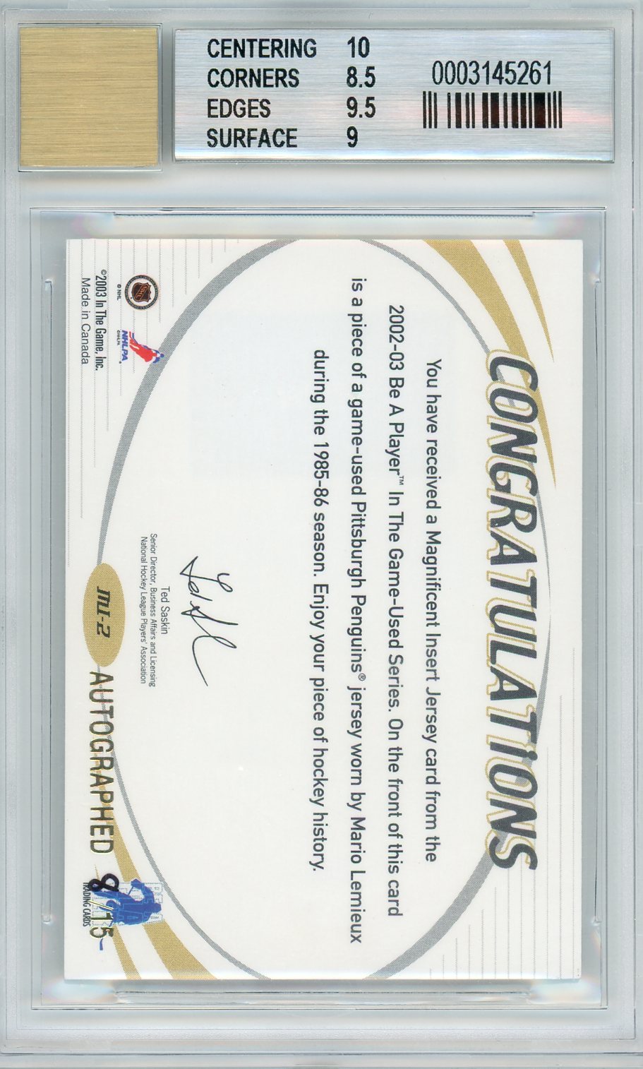 2002 ITG Used Magnificent Inserts Autographs Mario Lemieux 1985-86 Jersey BGS 9