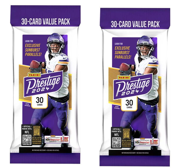 TWO PACKS of 2024 Panini Prestige Football NFL Fat Value Cello Packs (Sunburst Parallels)