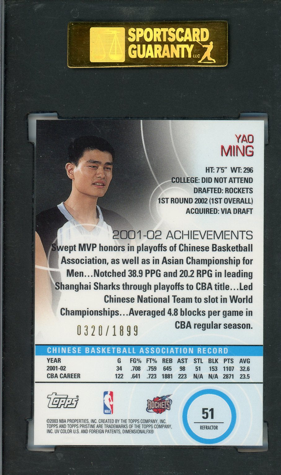 2002 Topps Pristine Yao Ming Common Refractor Rookie #51 SGC 9 Houston Rockets
