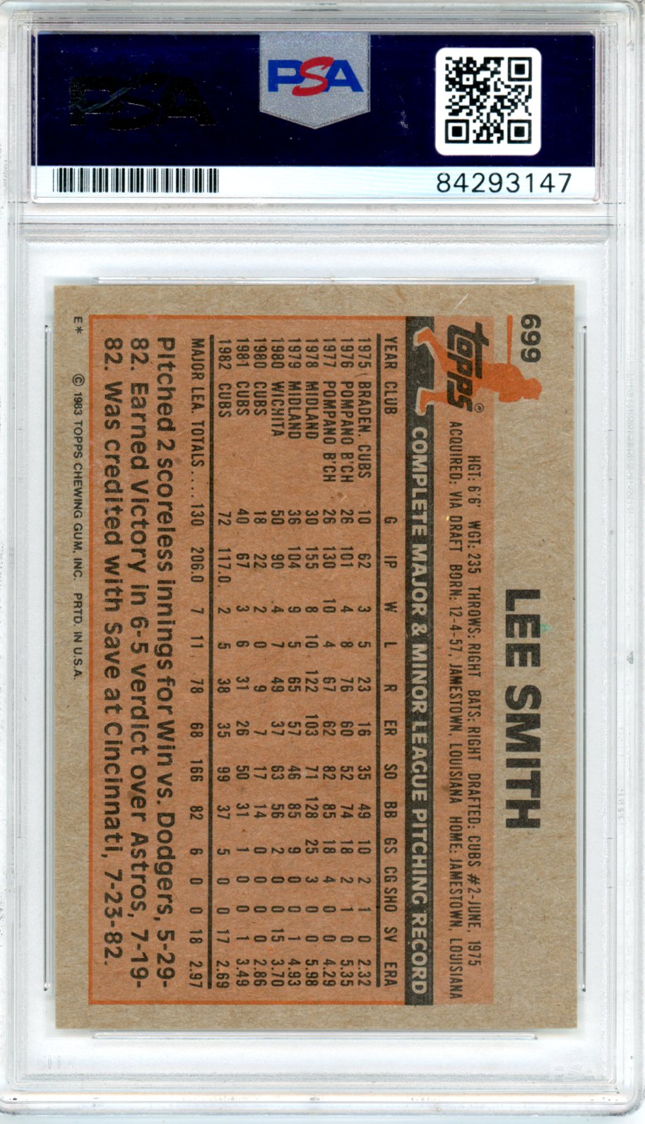 1983 Topps Lee Smith #699 PSA/DNA Certified Authentic On Card Auto Chicago Cubs