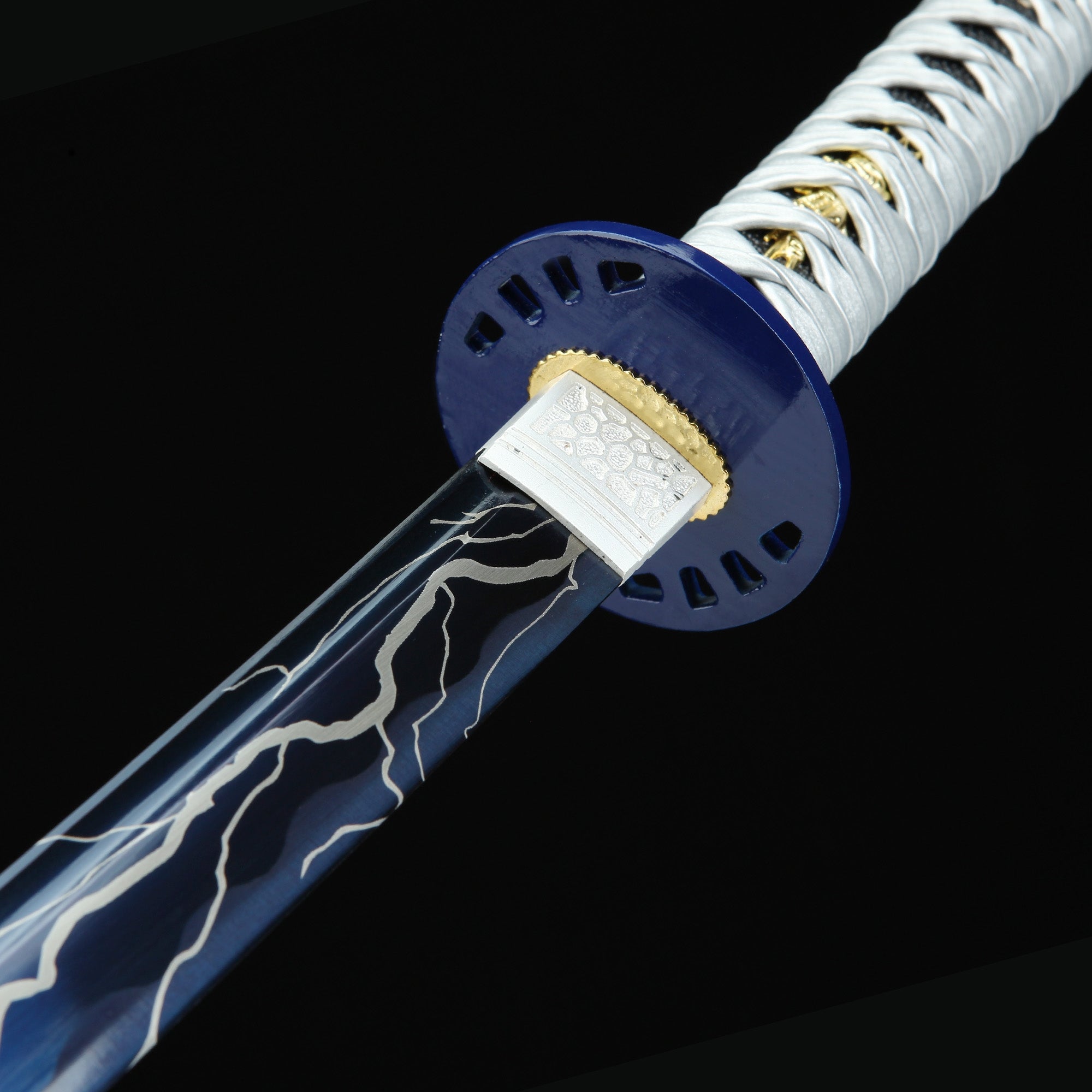 Handmade Japanese Katana Sword With Blue Blade And Silver Scabbard