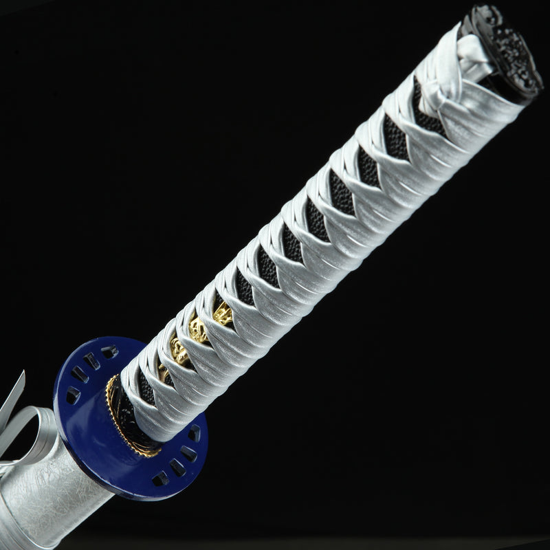 Handmade Japanese Katana Sword With Blue Blade And Silver Scabbard