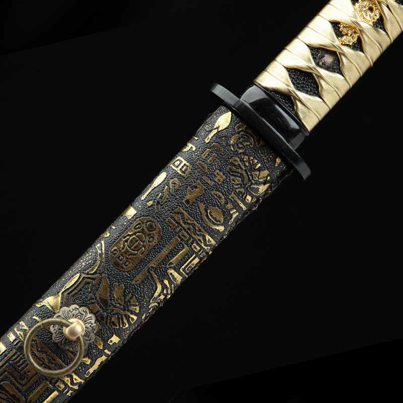 Handmade Japanese Katana Sword With Bronze Totem Theme Leather Scabbard