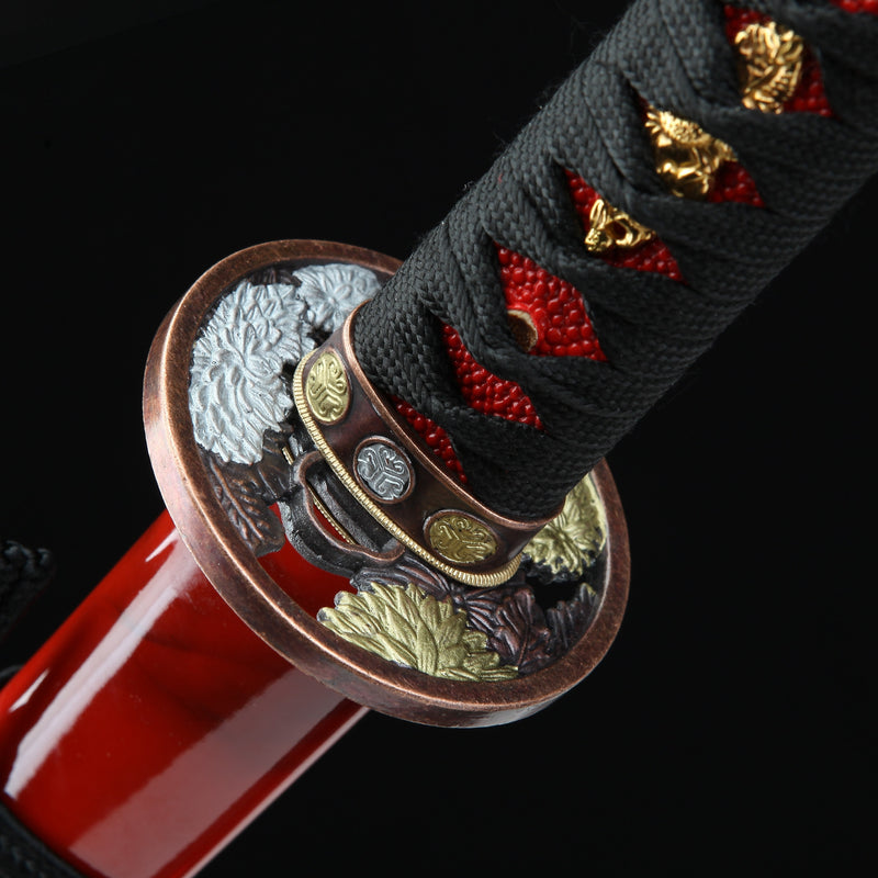 Handmade Japanese Katana Sword T10 Carbon Steel With Red Scabbard