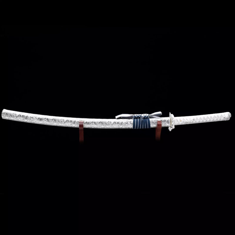 Handmade Japanese Samurai Sword With Blue Blade And Silver Scabbard