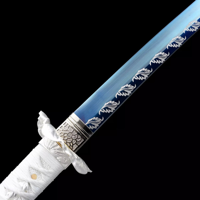 Handmade Japanese Samurai Sword With Blue Blade And Silver Scabbard