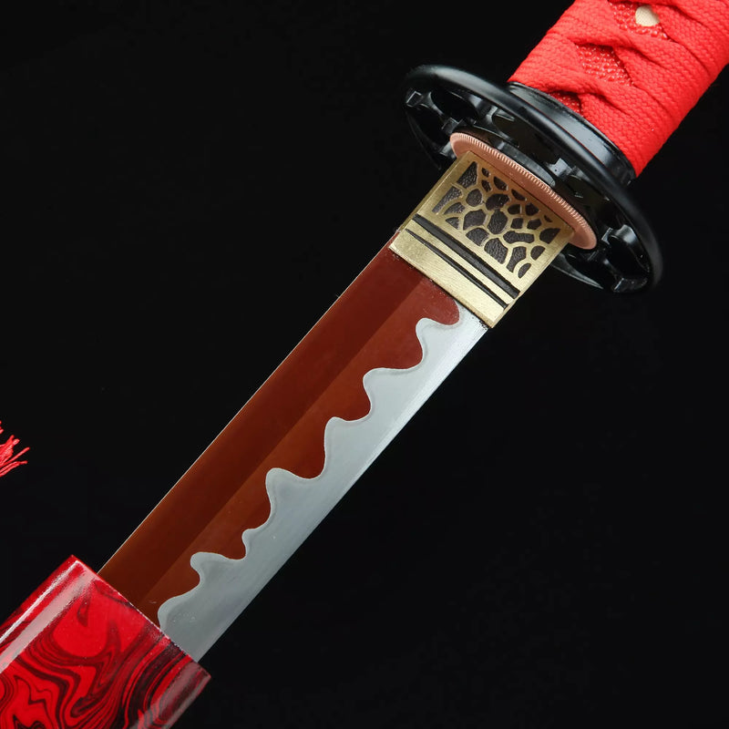 Handmade Japanese Samurai Sword 1095 Carbon Steel With Red Blade And Scabbard