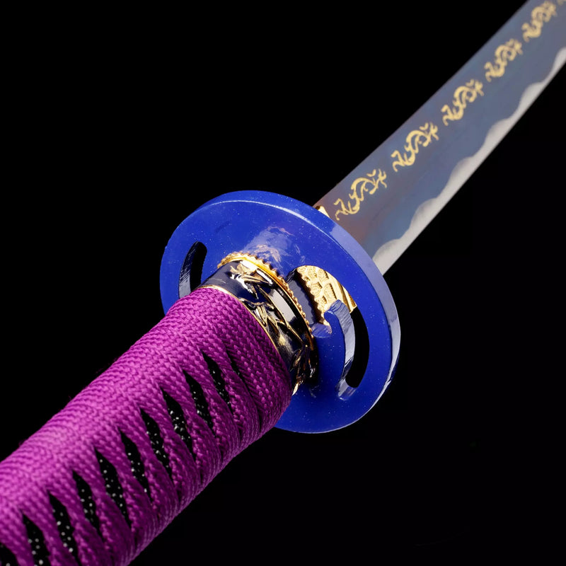 Handmade Japanese Samurai Sword With Blue Blade And Black Scabbard