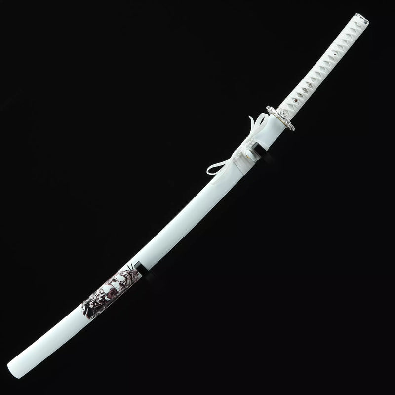 Handmade Japanese Katana Sword T10 Folded Clay Tempered Steel With White Scabbard