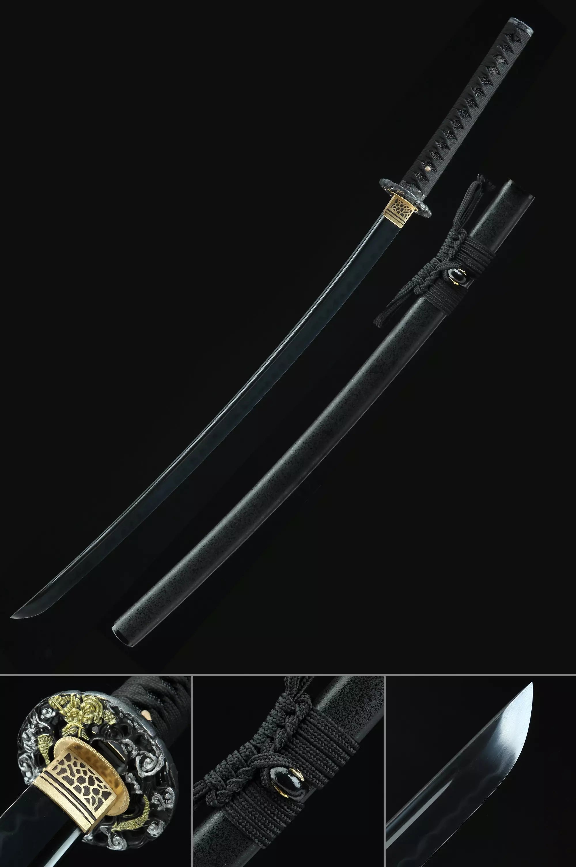 Handmade Japanese Katana Sword T10 Folded Clay Tempered Steel With Black Scabbard