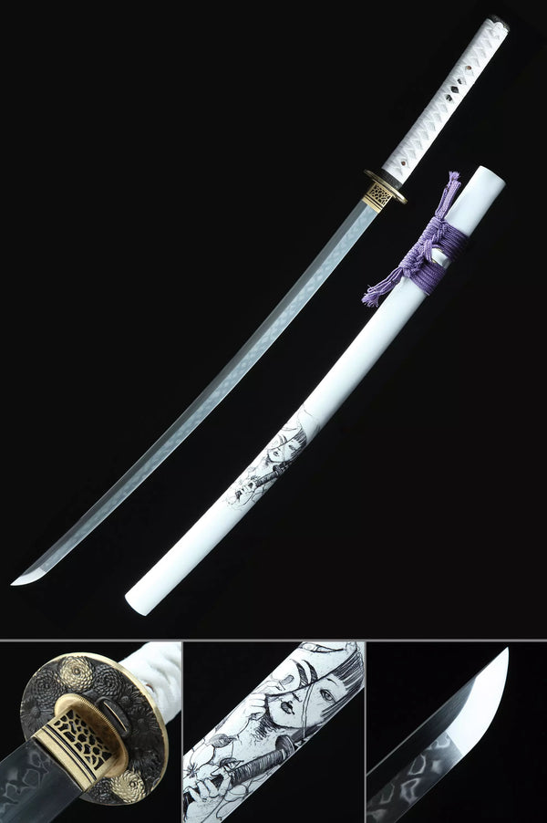 Handmade Japanese Katana Sword T10 Carbon Steel Real Hamon With White Scabbard