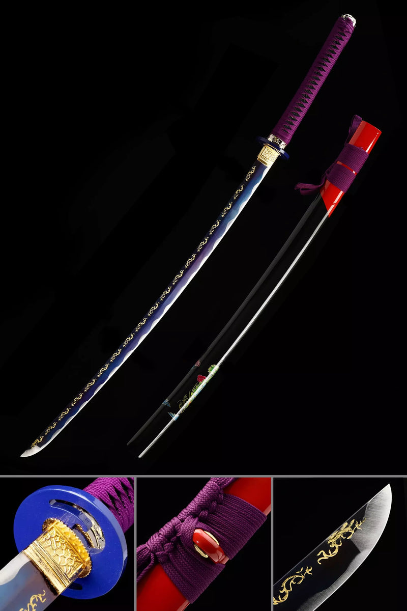 Handmade Japanese Samurai Sword With Blue Blade And Black Scabbard