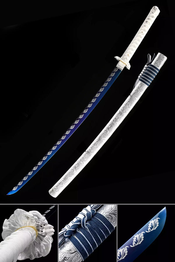 Handmade Japanese Samurai Sword With Blue Blade And Silver Scabbard