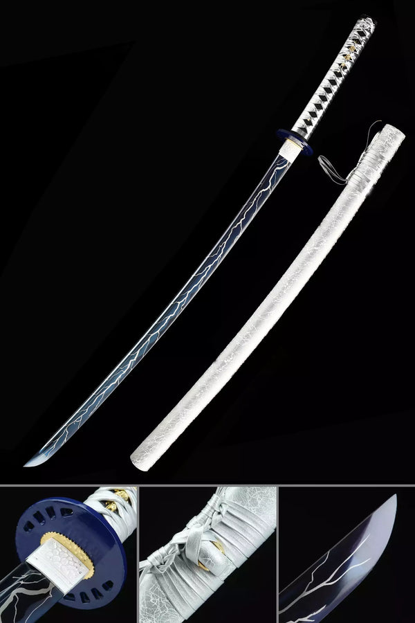 Handmade Japanese Katana Sword With Blue Blade And Silver Scabbard