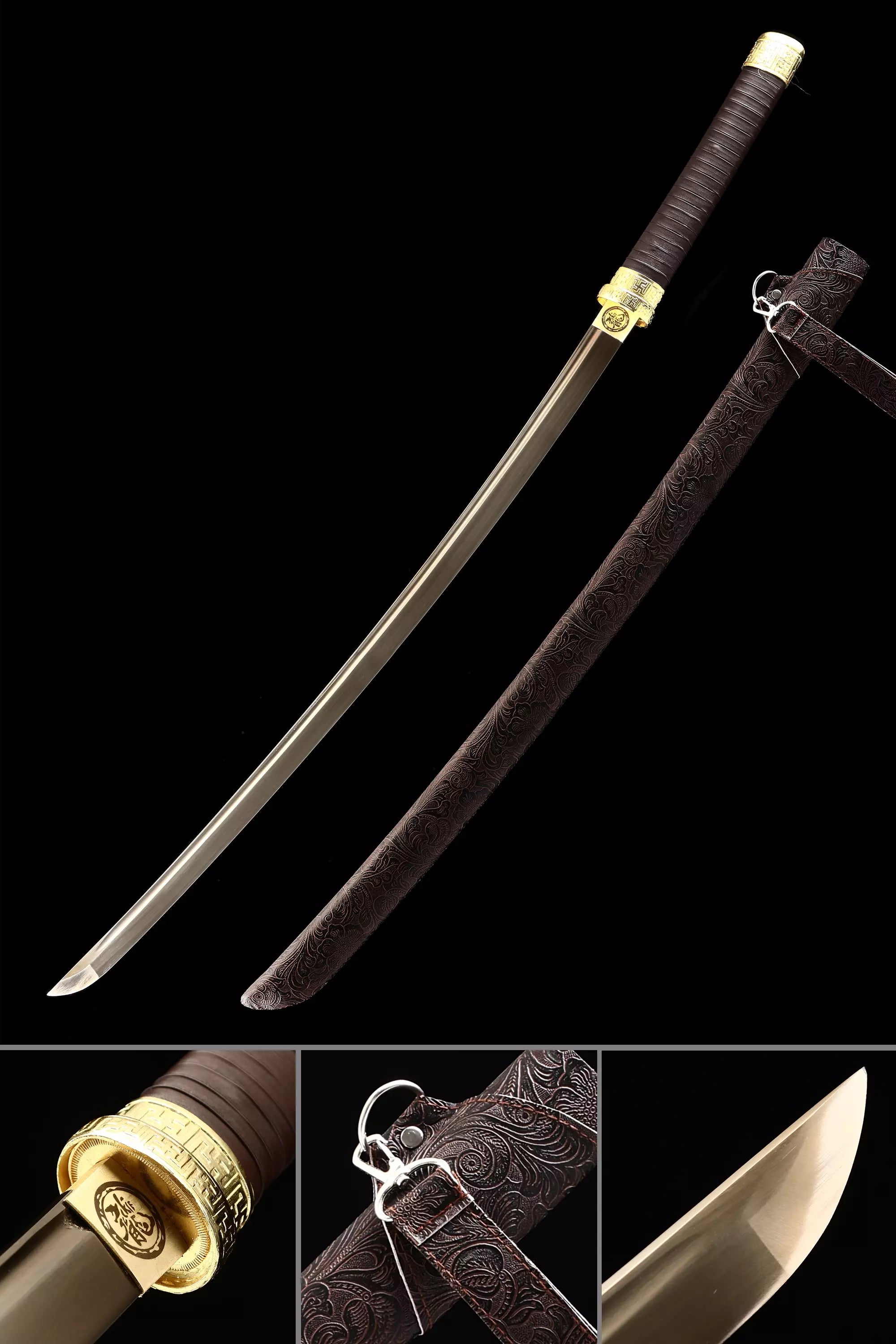 Handmade Japanese Katana Sword With Golden Blade And Brown Scabbard