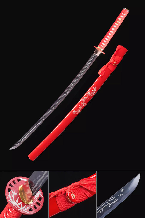 Handmade Japanese Katana Sword 1045 Carbon Steel With Red Scabbard