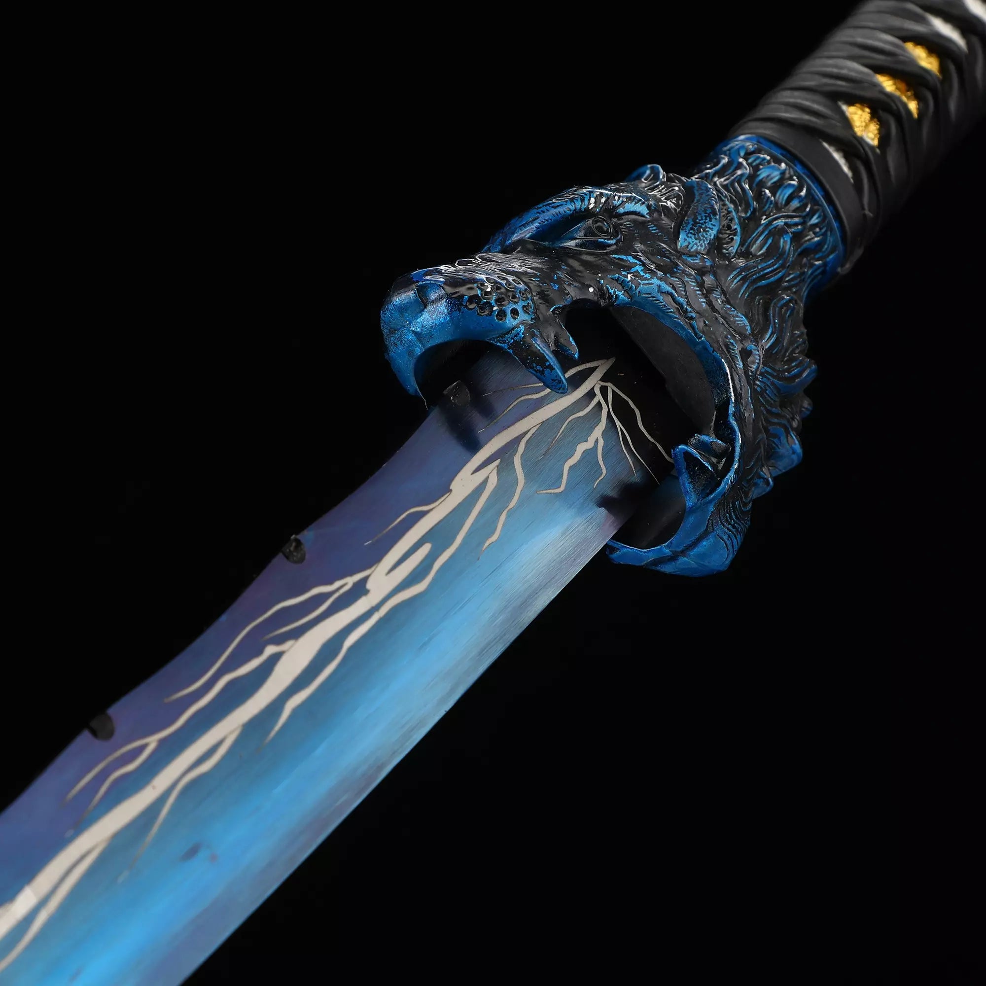 Handmade Japanese Katana Sword With Blue Lightning Blade And Leopard Tsuba