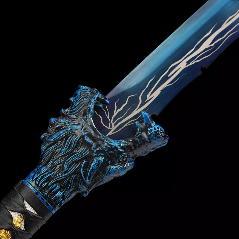 Handmade Japanese Katana Sword With Blue Lightning Blade And Leopard Tsuba
