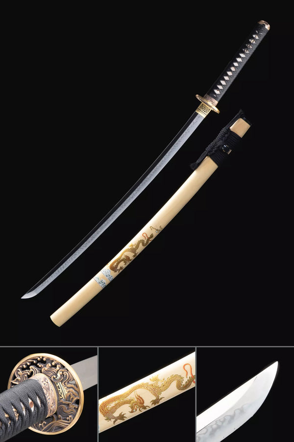 Handmade Real Japanese Katana Sword T10 Carbon Steel With Beige Saya