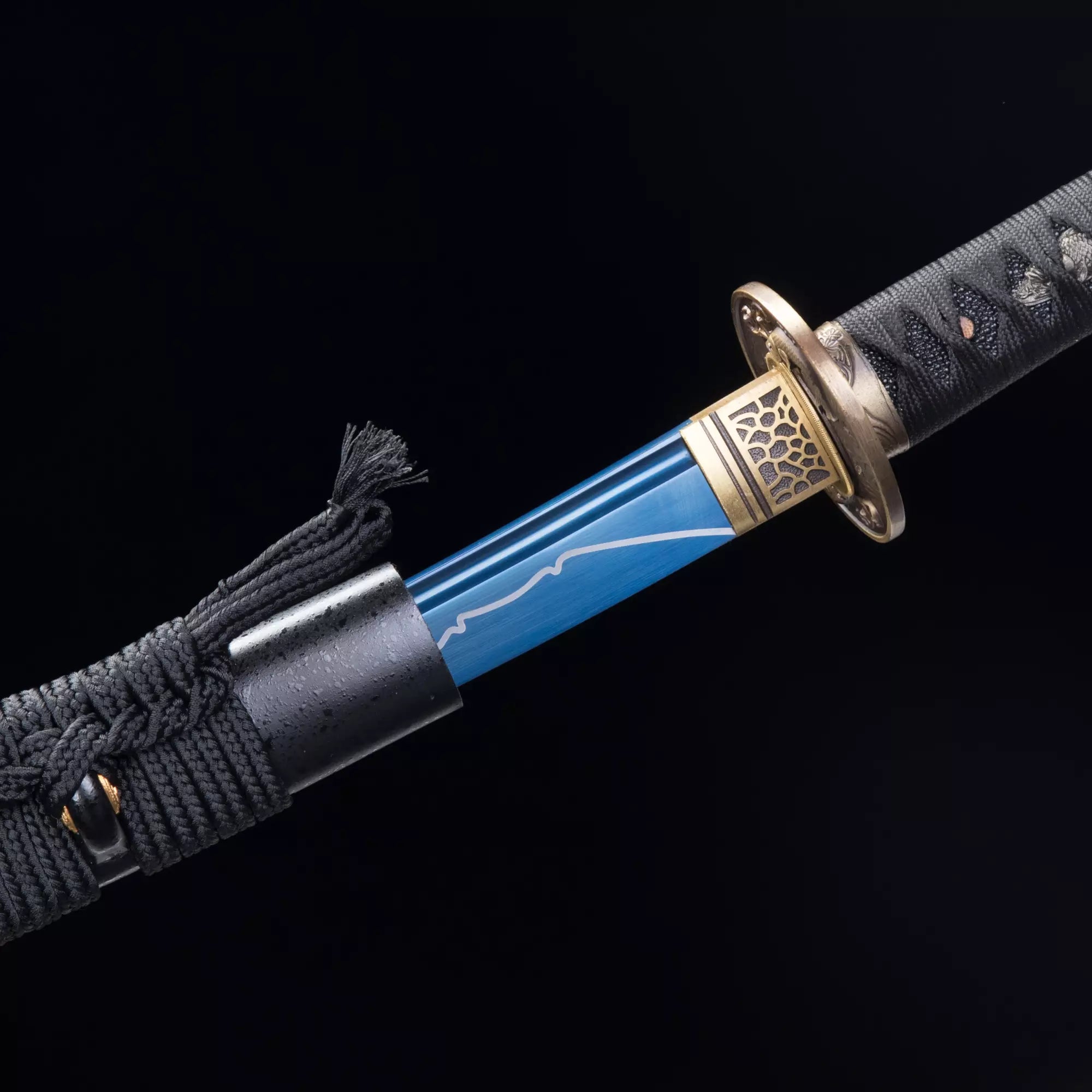 Handmade Japanese Katana Sword With Blue Blade And Black Scabbard
