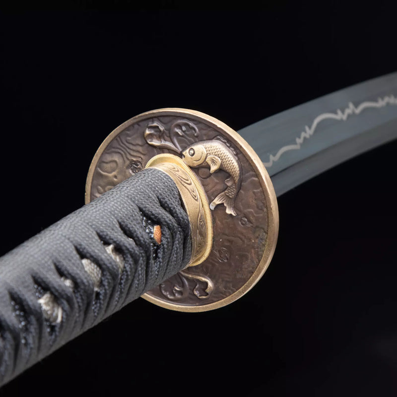 Handmade Japanese Katana Sword With Blue Blade And Black Scabbard