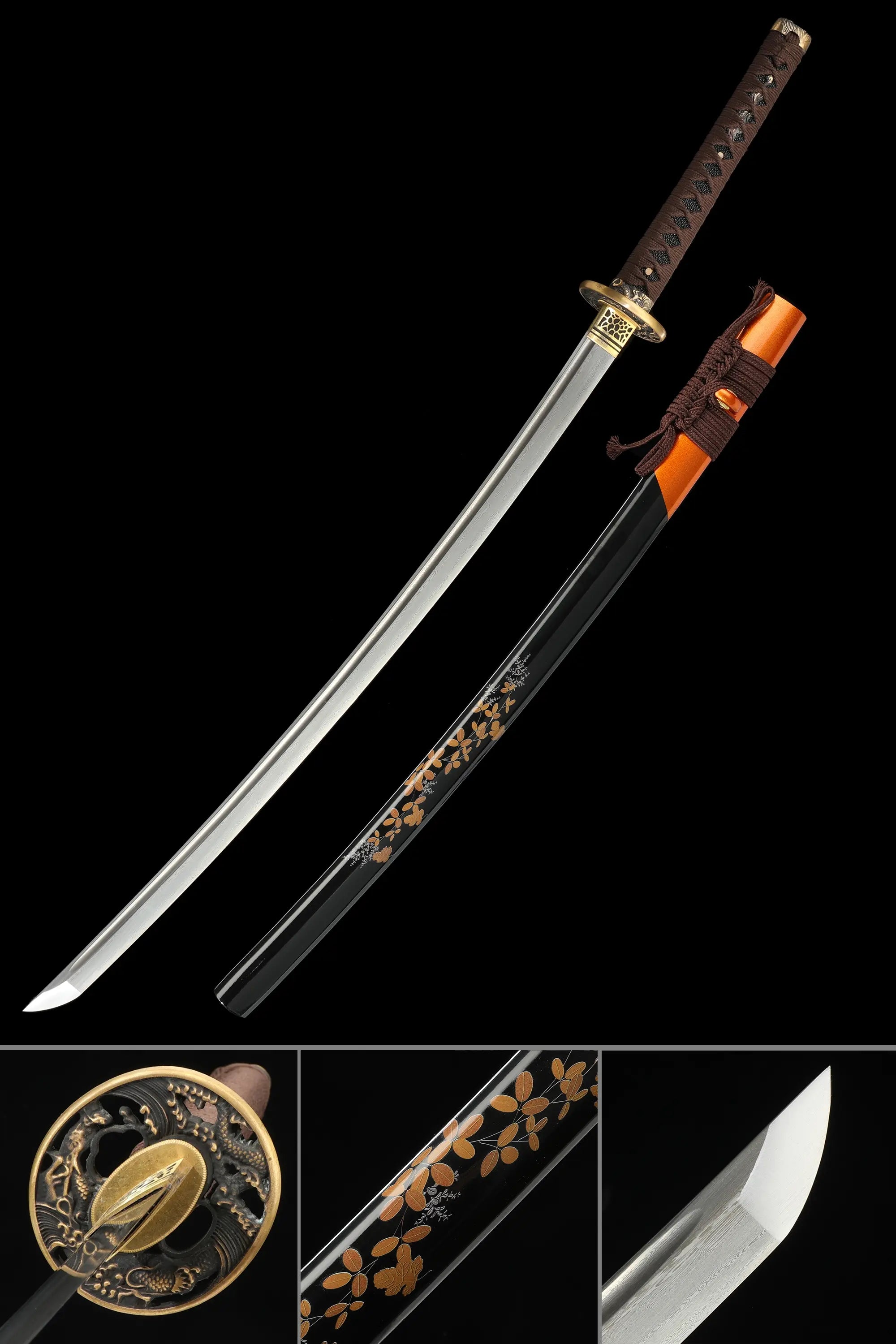 Handmade Japanese Samurai Sword With Damascus Steel Blade And Dragon Tsuba