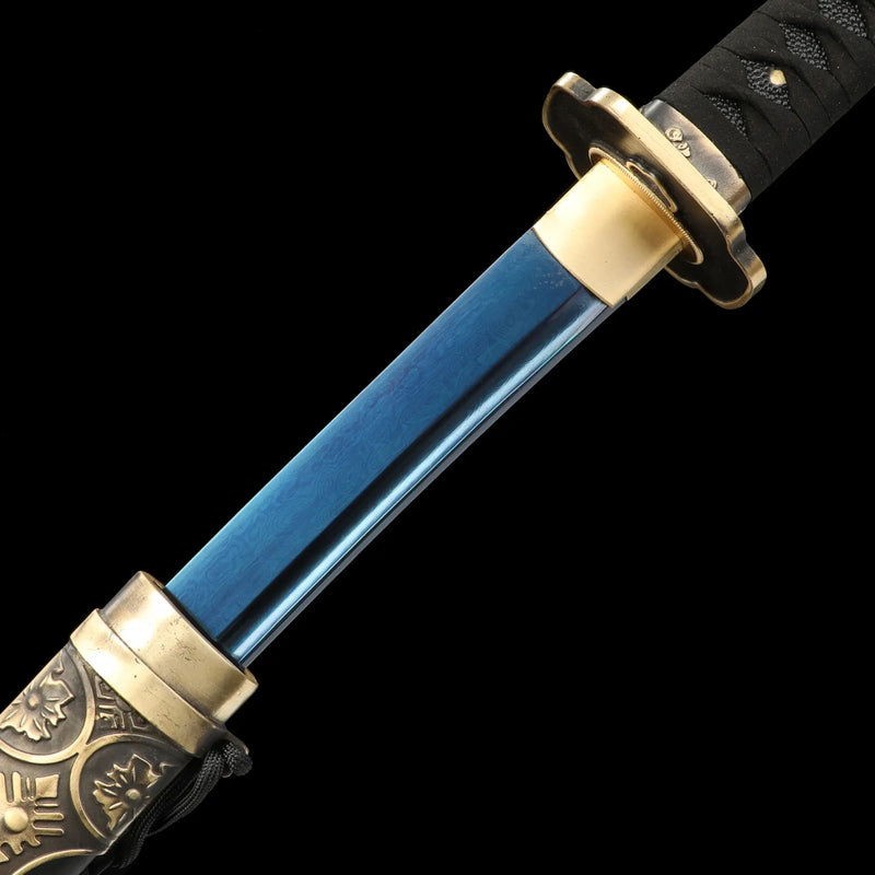 Handmade Japanese Samurai Sword With Blue Damascus Steel Blade