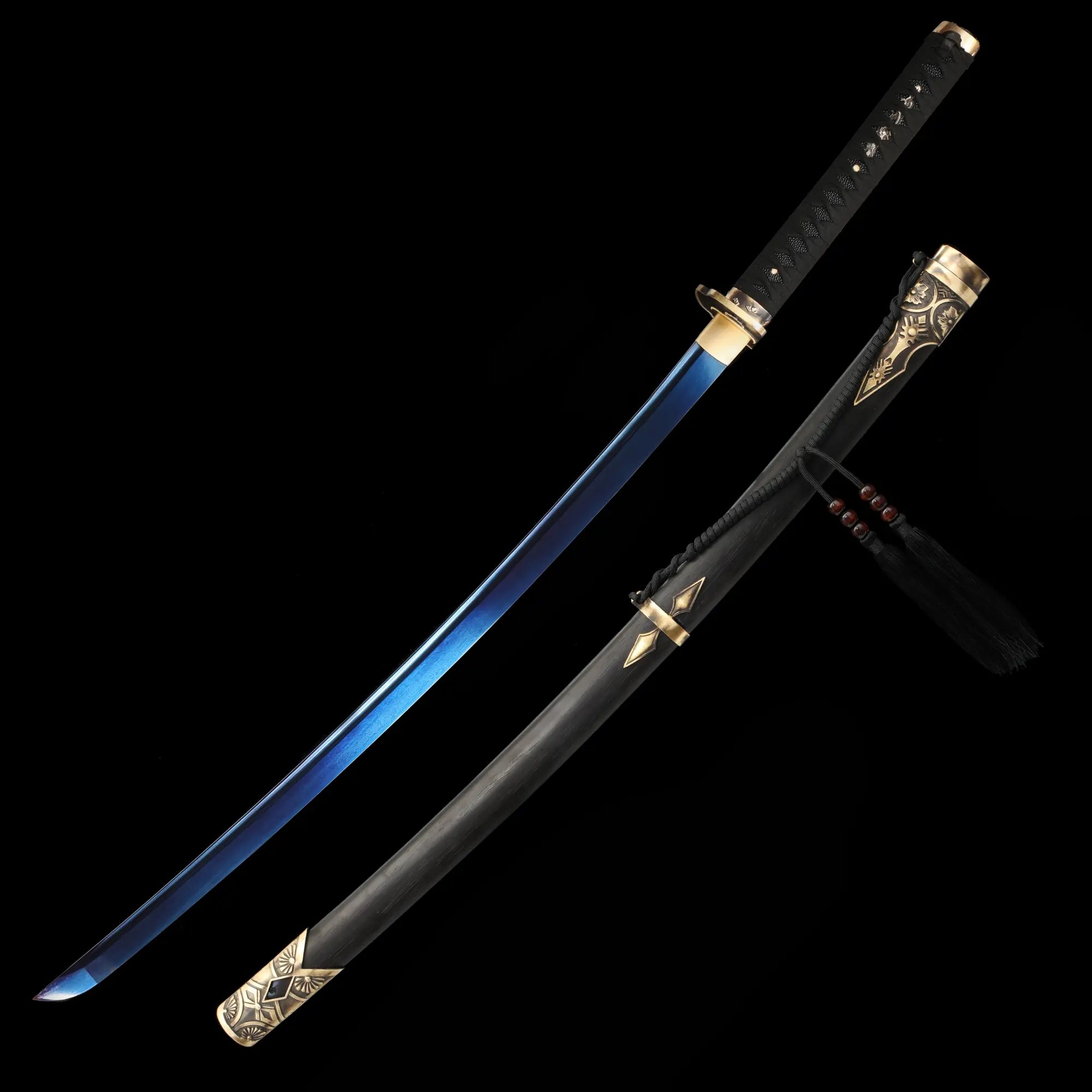 Handmade Japanese Samurai Sword With Blue Damascus Steel Blade