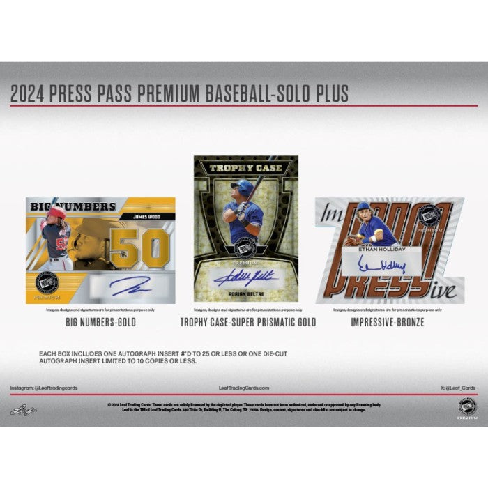 2024 Leaf Press Pass Premium Baseball Solo Plus (1 Auto / Pack) ELy, Ichiro, Pujols, Skenes, More!