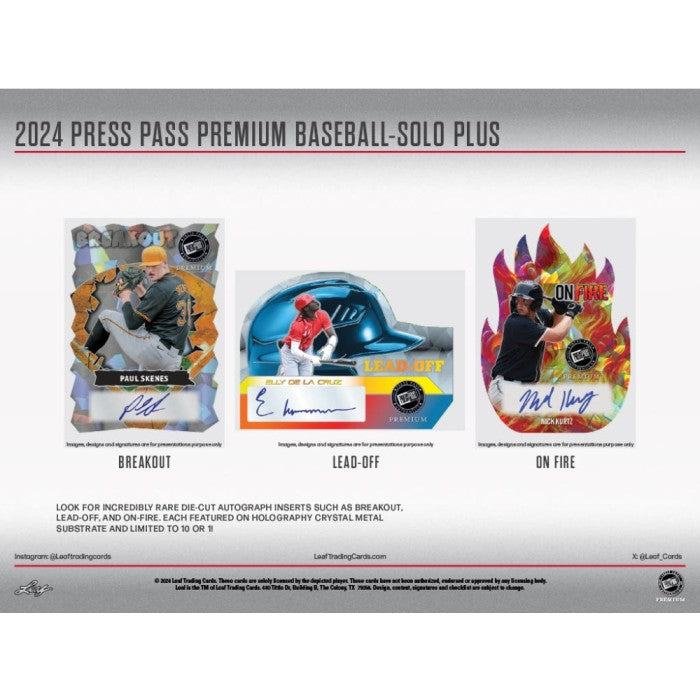 2024 Leaf Press Pass Premium Baseball Solo Plus (1 Auto / Pack) ELy, Ichiro, Pujols, Skenes, More!