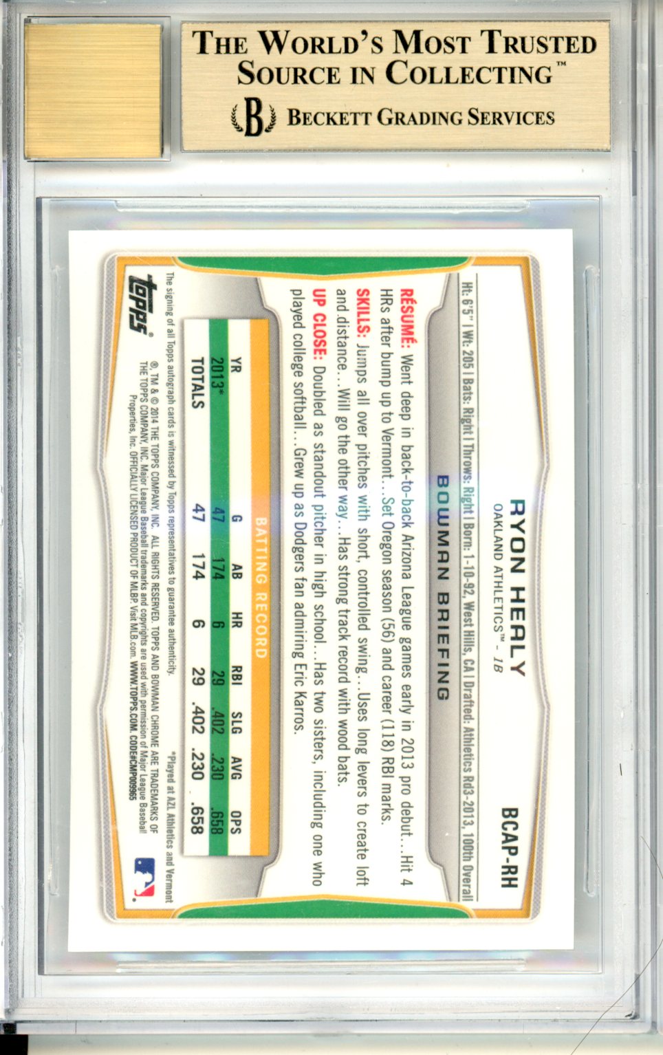 2014 Bowman Chrome Prospect Autographs Ryon Healy #BCAPRHE BGS 9.5 GEM MINT
