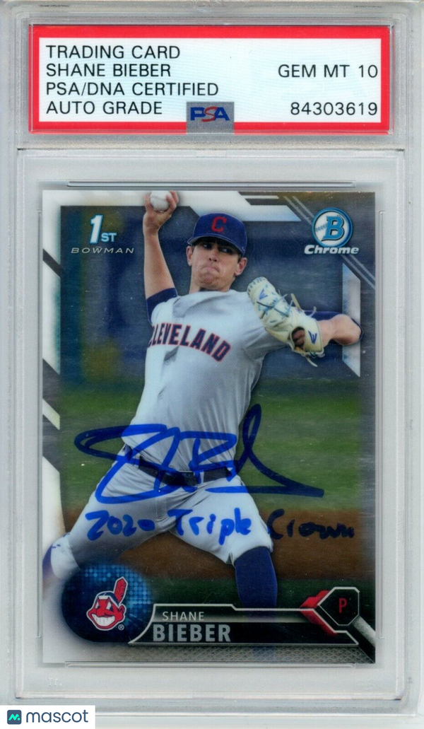 Shane Bieber PSA 10 Auto Grade Signed 2016 1st Bowman Chrome 2020 Triple Crown