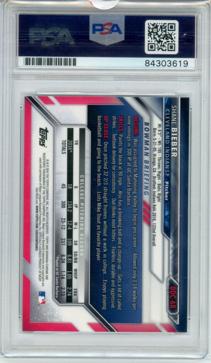 Shane Bieber PSA 10 Auto Grade Signed 2016 1st Bowman Chrome 2020 Triple Crown