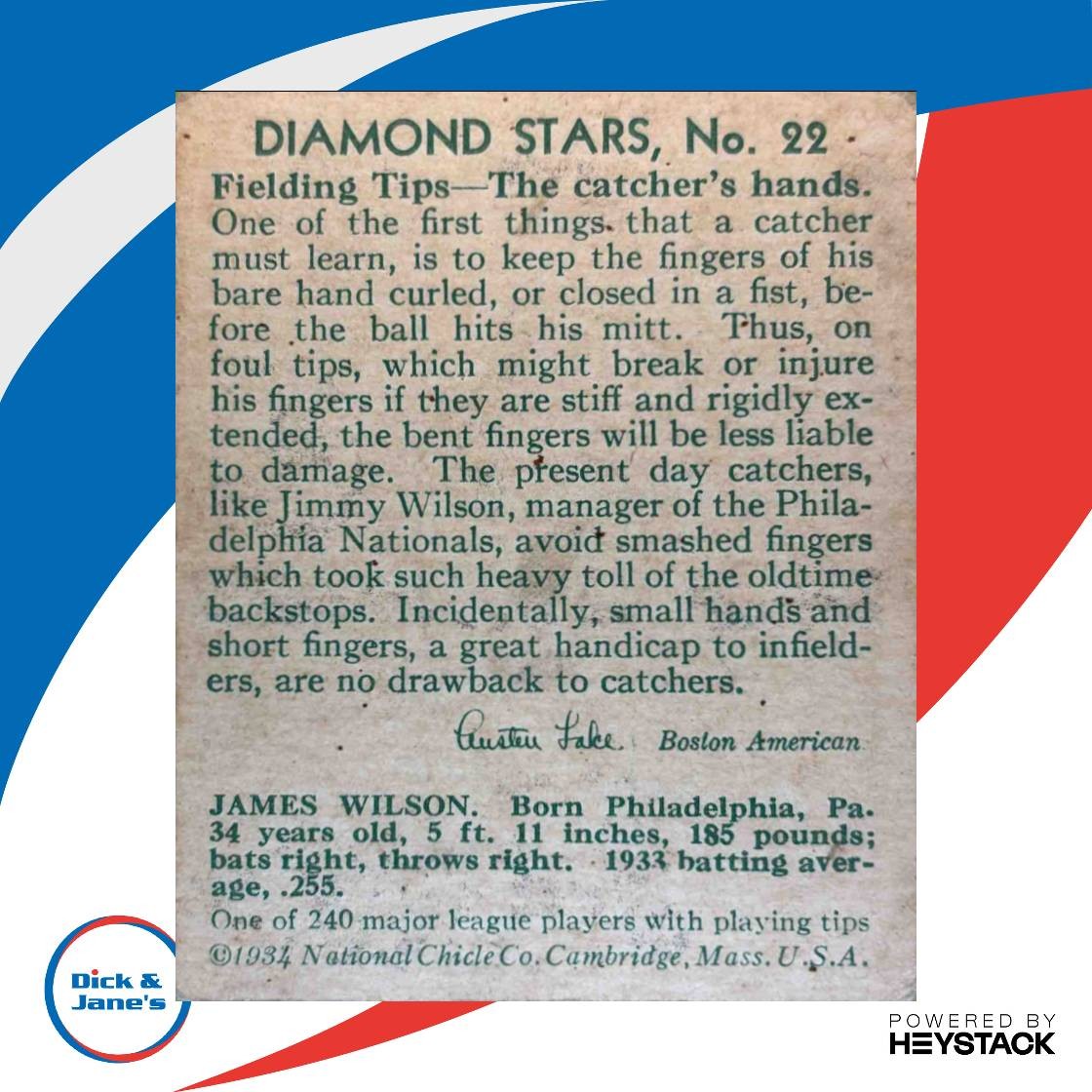 1934-36 National Chicle Diamond Stars #22 Jimmy Wilson Philadelphia Phillies EX - Sports Cards