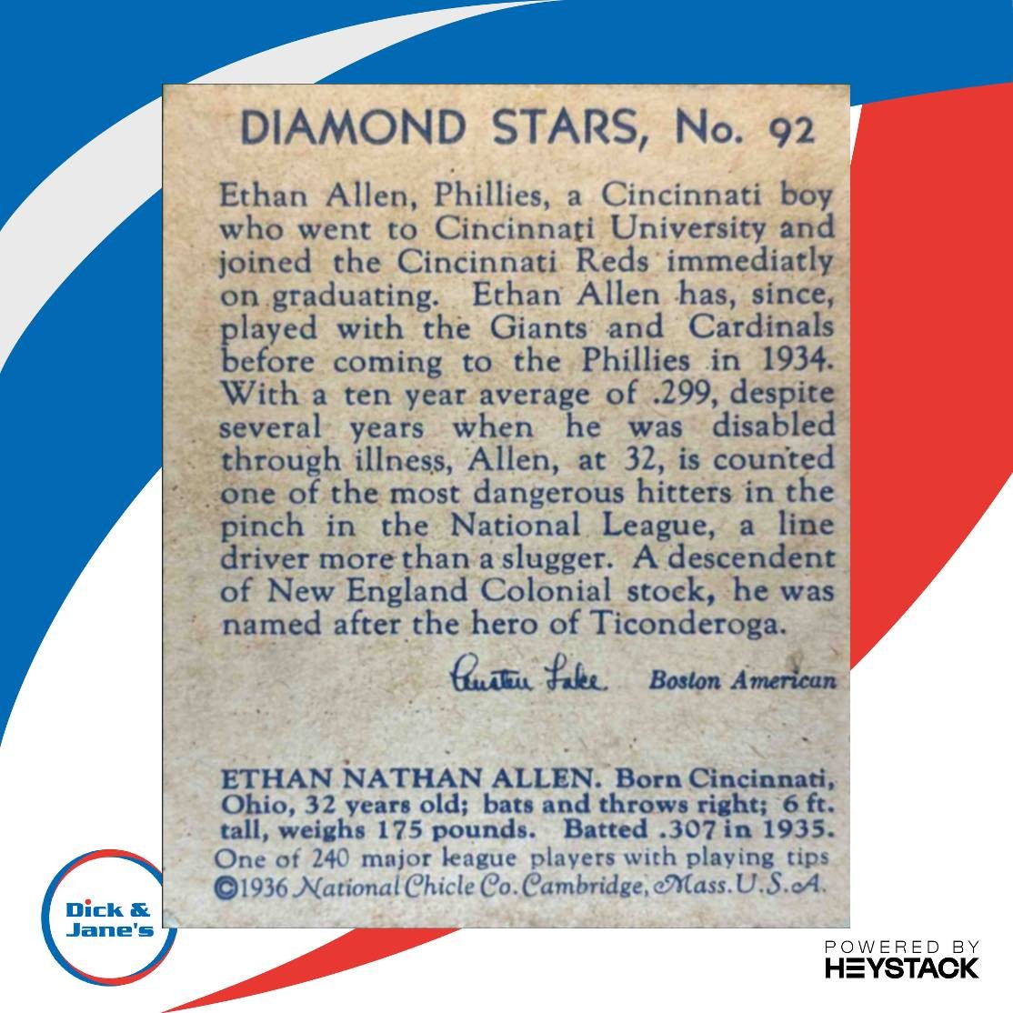 1934-36 National Chicle Diamond Stars #92 Ethan Allen Philadelphia Phillies EX - Sports Cards