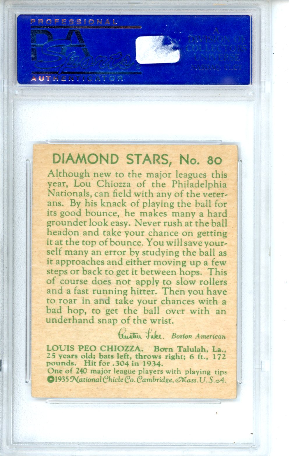 1935 Diamond Stars Louis Chiozza Green Back #80 PSA 6 Philadelphia Phillies Graded Sports Cards