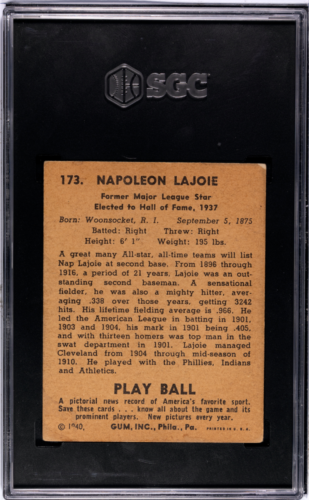 ’ 1940 Playball Napoleon ’Nap’ Larry Lajoie #173 SGC 3.5 Cleveland Indians - Graded Sports Cards