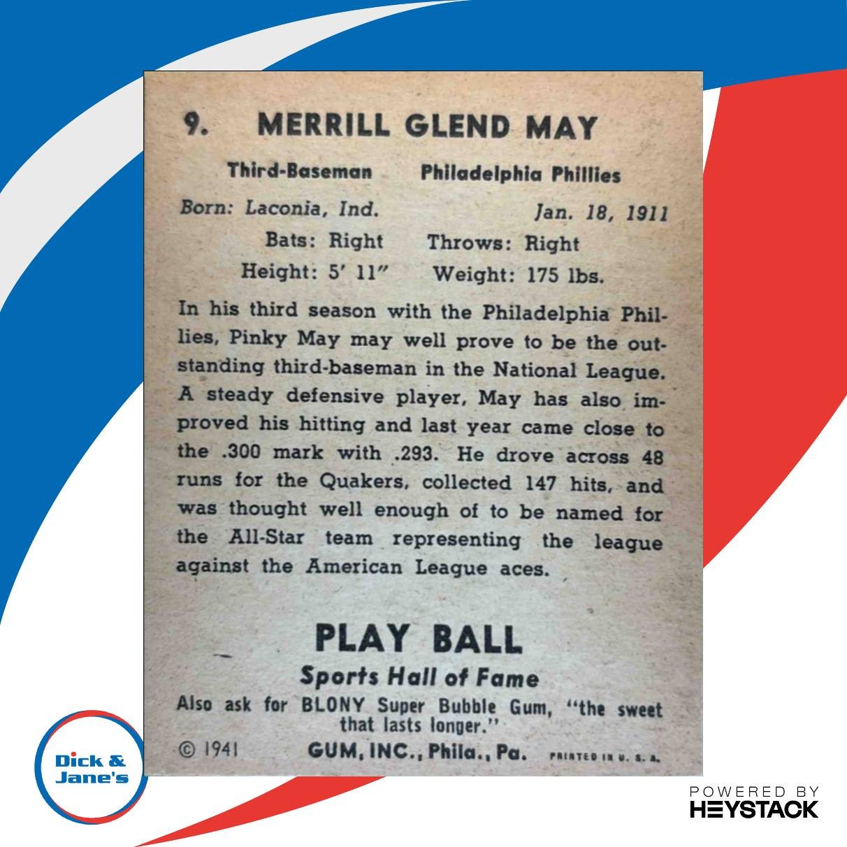 1941 Play Ball Pinky May #9 Philadelphia Phillies EX - Sports Cards