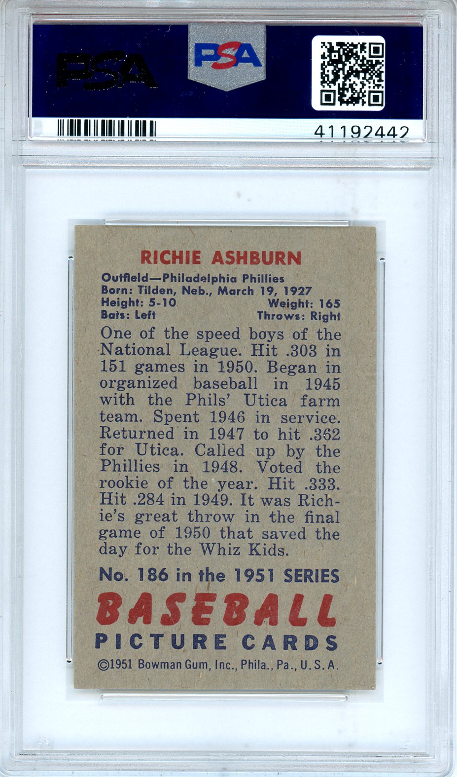 1951 Bowman Richie Ashburn #186 PSA 6 Philadelphia Phillies - Graded Sports Cards