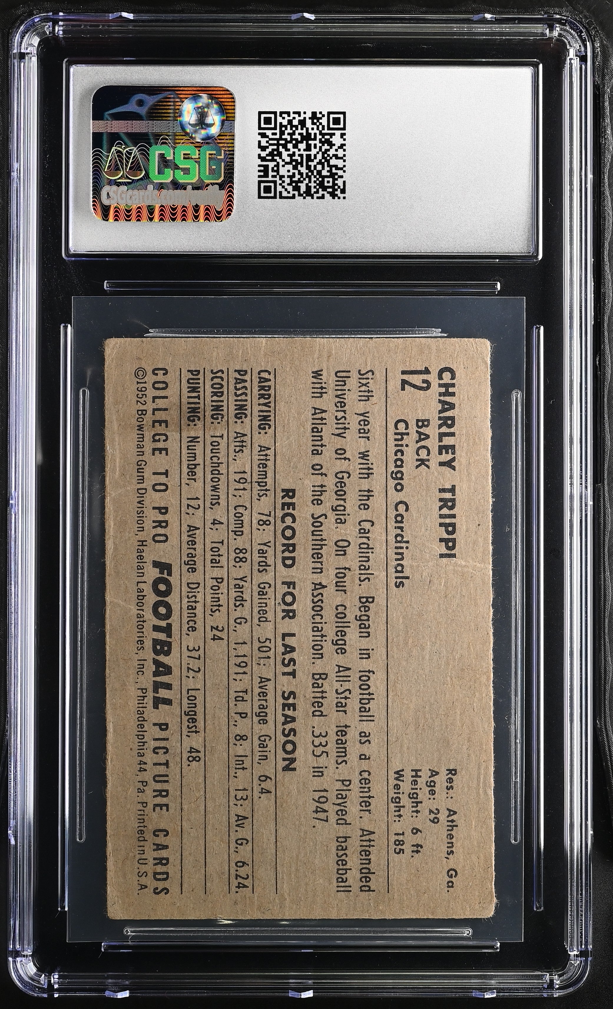 1952 Bowman Small Charley Trippi #12 CGC 1 Chicago Cardinals - Graded Sports Cards