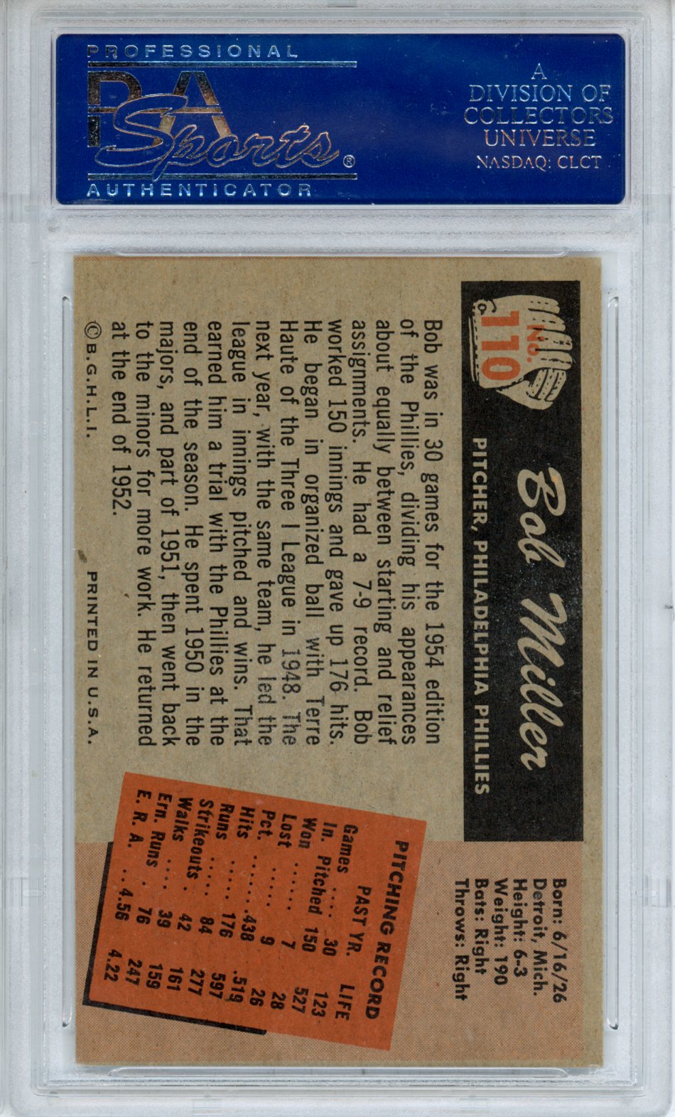 1955 Bowman Bob Miller #110 PSA 7 Philadelphia Phillies - Graded Sports Cards