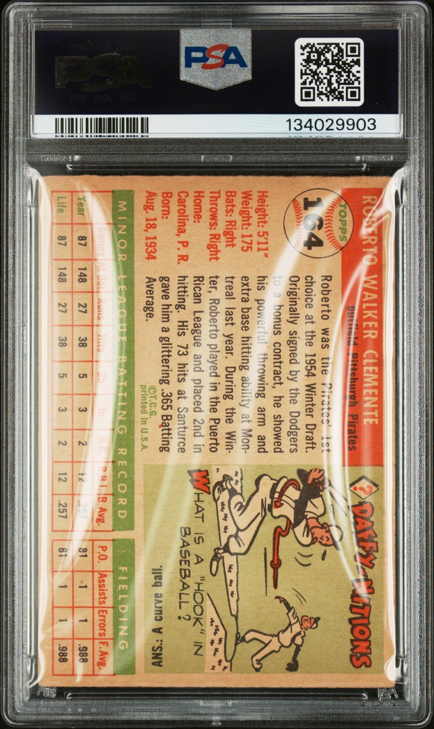1955 Topps Roberto Clemente Rookie 164 PSA 3 Pittsburgh Pirates Very Clean Card! - Graded Sports Cards