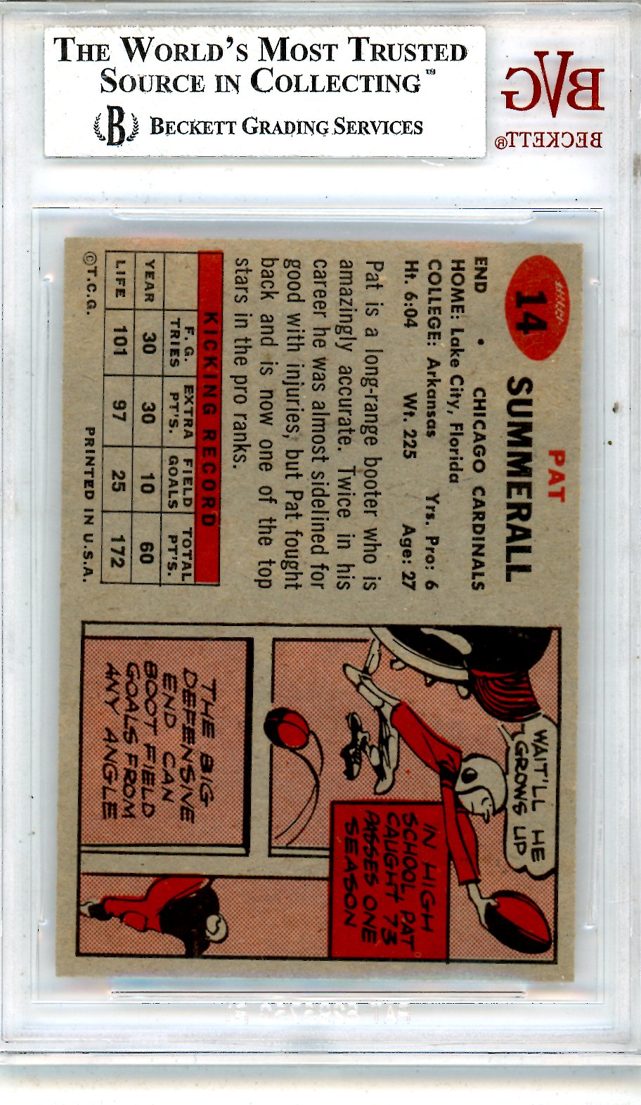 1957 Topps Pat Summerall #14 BVG 8 Chicago Cardinals - Graded Sports Cards