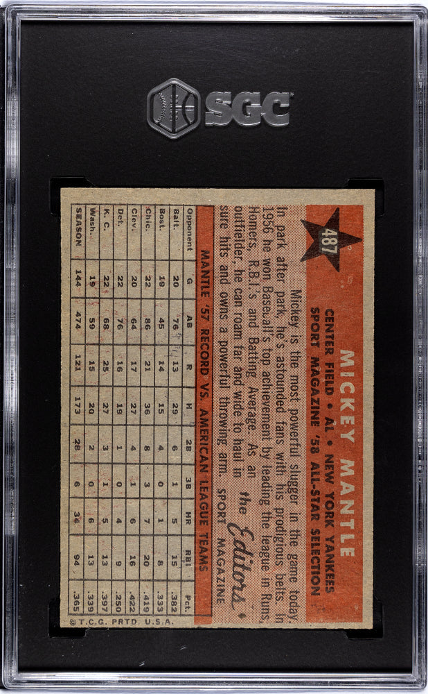 1958 Topps Mickey Mantle All Star #487 SGC 6 New York