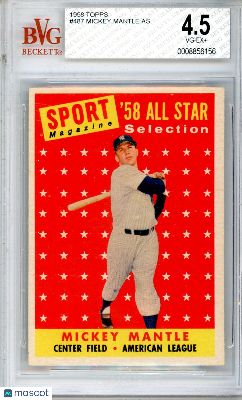 1958 Topps Mickey Mantle AS TP #487 BVG 4.5 New York Yankees - Graded Sports Cards