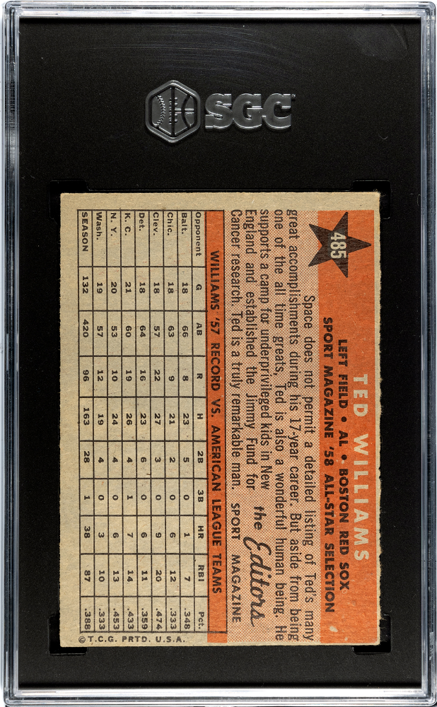 1958 Topps Ted Williams All Star #485 SGC 4.5 - Graded Sports Cards
