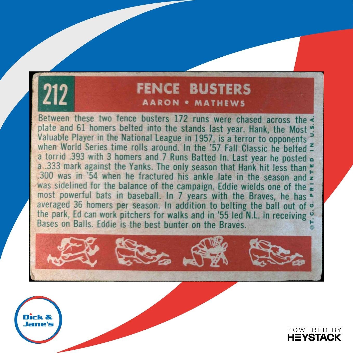 1959 Topps Fence Busters Hank Aaron Eddie Mathews CPC #212a VAR - Sports Cards